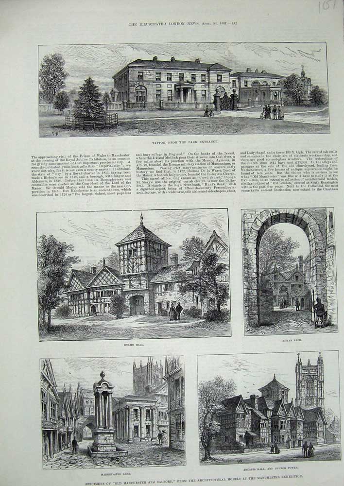 Original Old Antique Print Tatton Hulme Hall Roman Arch Ancoats 1887 Manchester