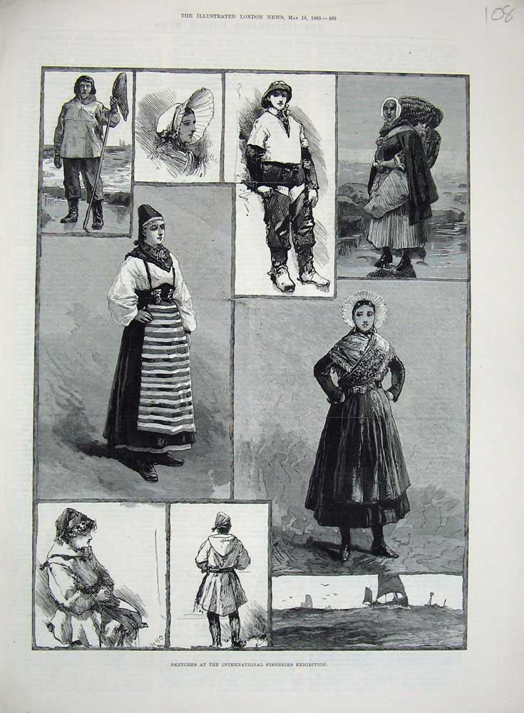 Old Antique Print 1883 International Fisheries Exhibition Boats Wives Men 19th