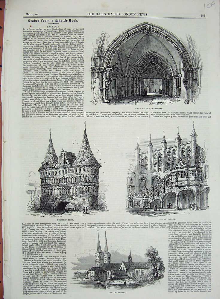 Original Old Antique Print 1864 Lubeck Porch Cathedral Holstein Thor Rath-Haus