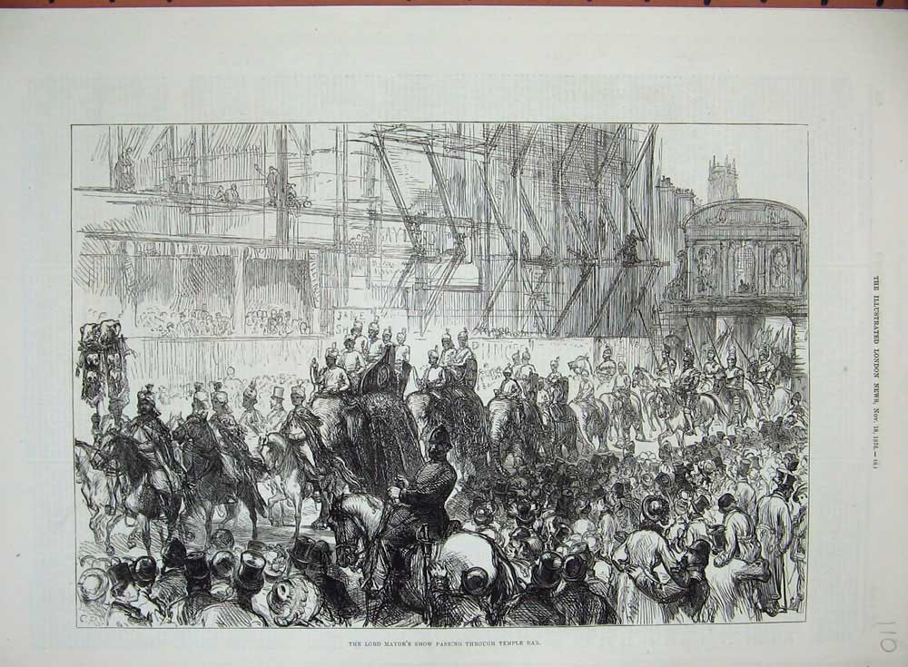 Original Old Antique Print 1876 Lord Mayor Show Temple Bar London Elephants