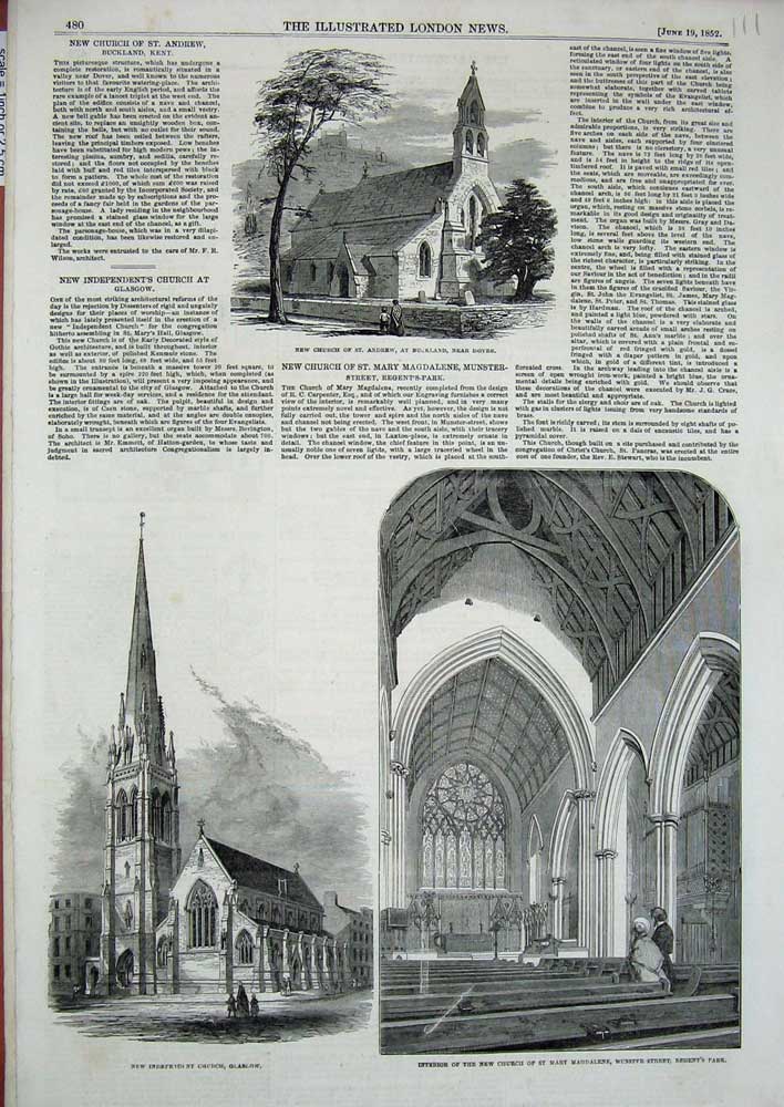 Original Old Antique Print 1852 Church Andrew Dover Glasgow Mary Magdalene 19th