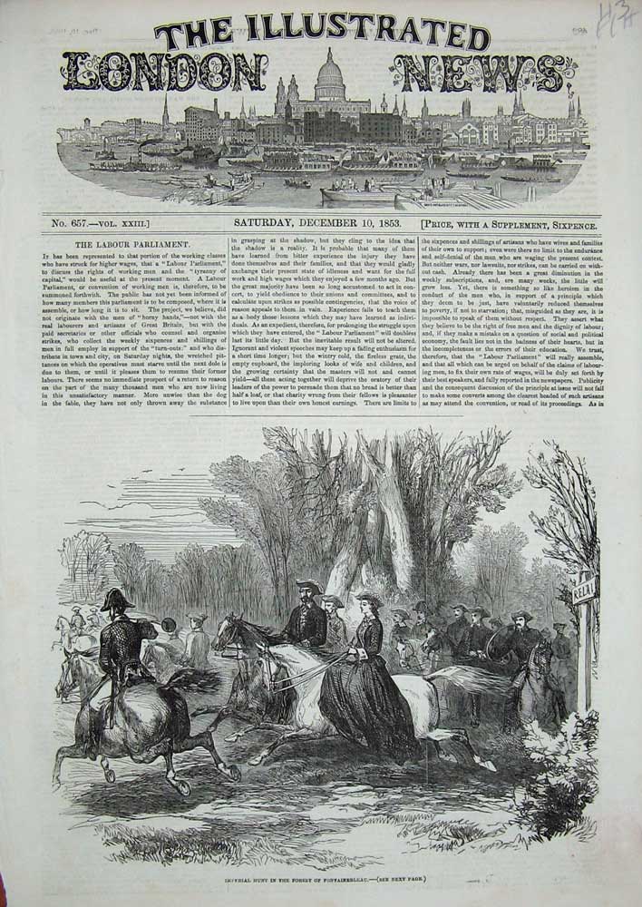 Original Old Antique Print 1853 Imperial Hunt Forest Fontainbleau Trees Horses
