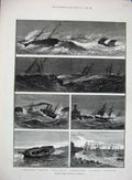 Old Antique Print 1882 Gale Lowestoft Storm Life-Boat Pier Pakefield Ship 19th