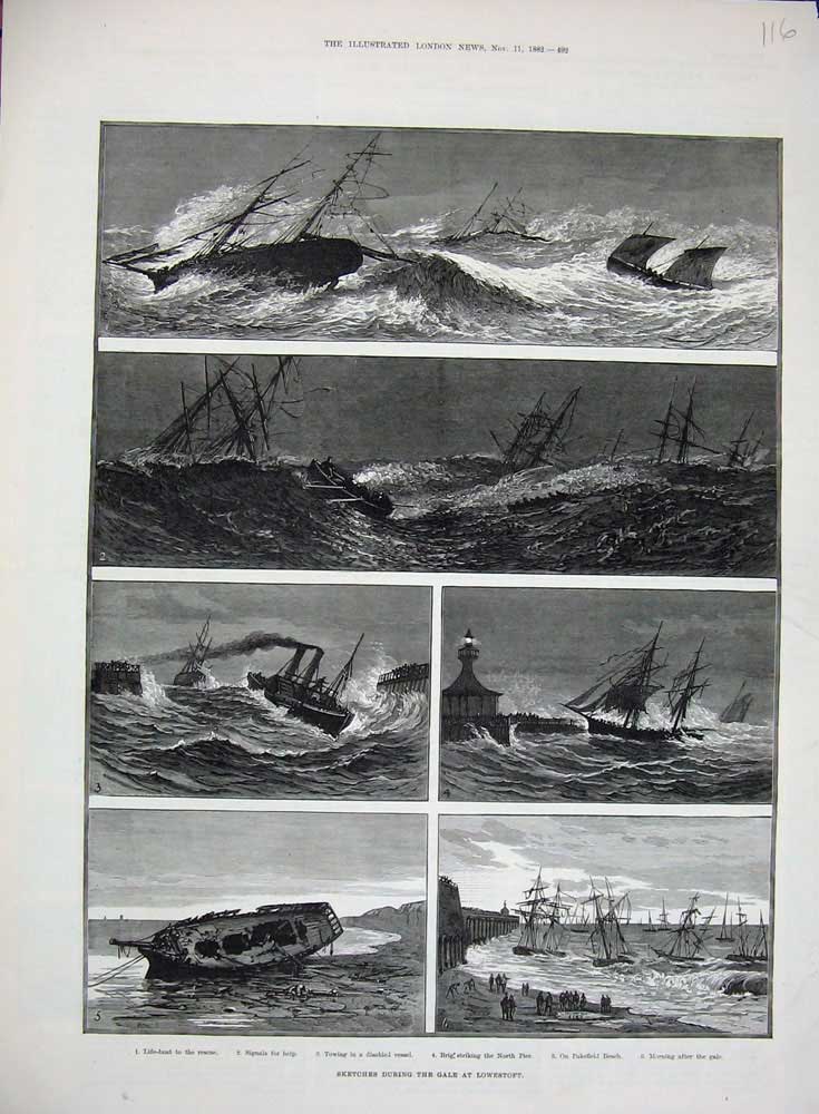 Old Antique Print 1882 Gale Lowestoft Storm Life-Boat Pier Pakefield Ship 19th