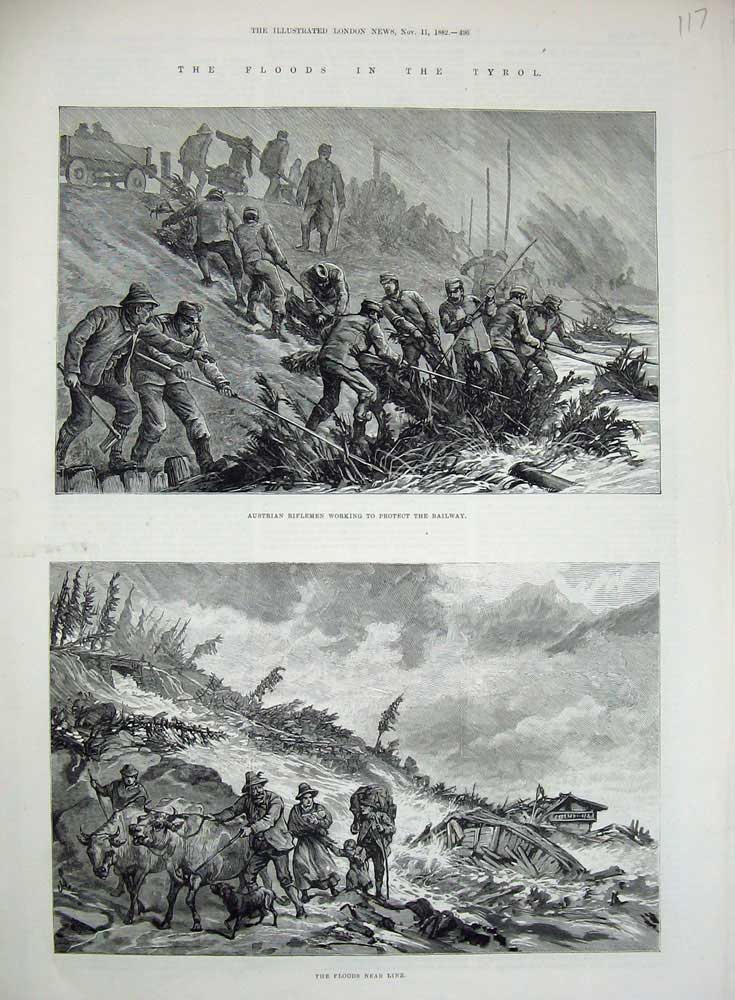 Old Antique Print 1882 Floods Tyrol Austrian Riflemen Railway Linz River 19th