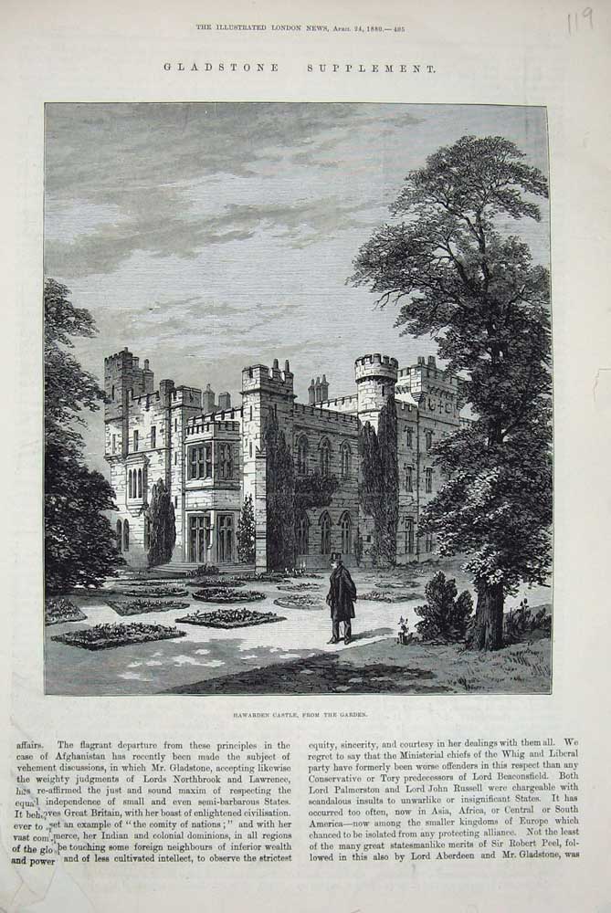 Original Old Antique Print 1880 Gladstone Hawarden Castle Garden Architecture