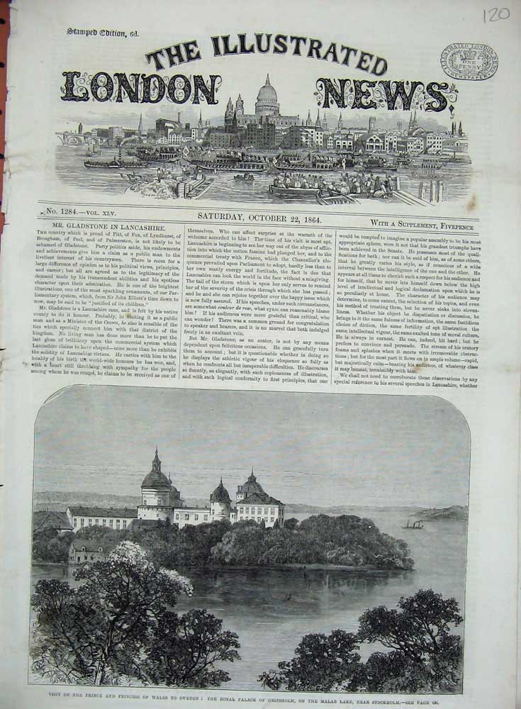 Antique Old Print *3513 1864 Prince Wales Sweden Royal Palace Gripsholm Malar