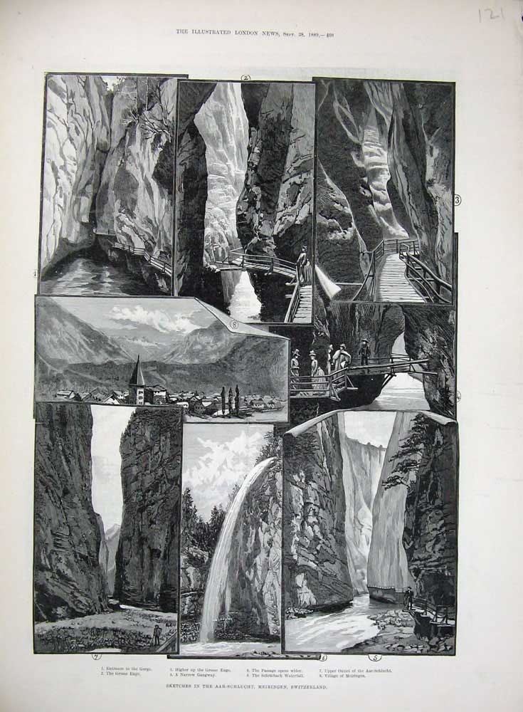 Original Old Antique Print Aar-Schlucht Meiringen Switzerland 1889 Schraibach