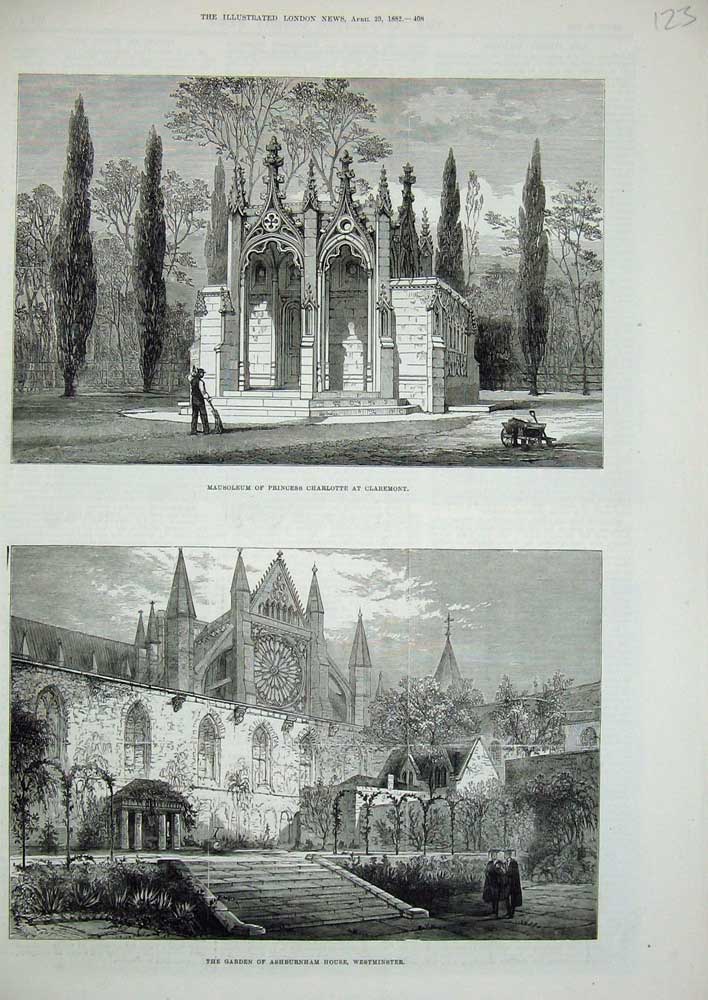Old Antique Print 1882 Mausoleum Princess Charlotte Claremont Ashburnham 19th