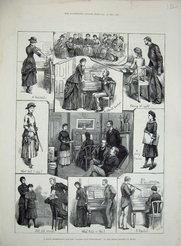 Old Antique Print 1884 Savage Club Scholarship Royal College Music Piano 19th