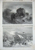 Old Antique Print Christmas Market Waggon Horses 1853 Snow Church Winter 19th