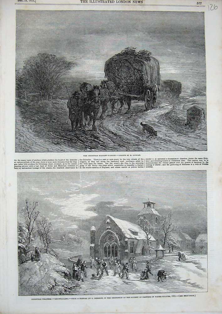 Old Antique Print Christmas Market Waggon Horses 1853 Snow Church Winter 19th