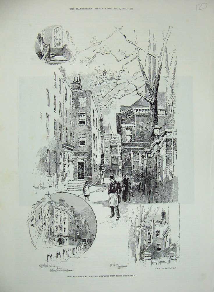 Old Antique Print Buildings Doctors Commons Christopher Wren Deanery 1894 19th