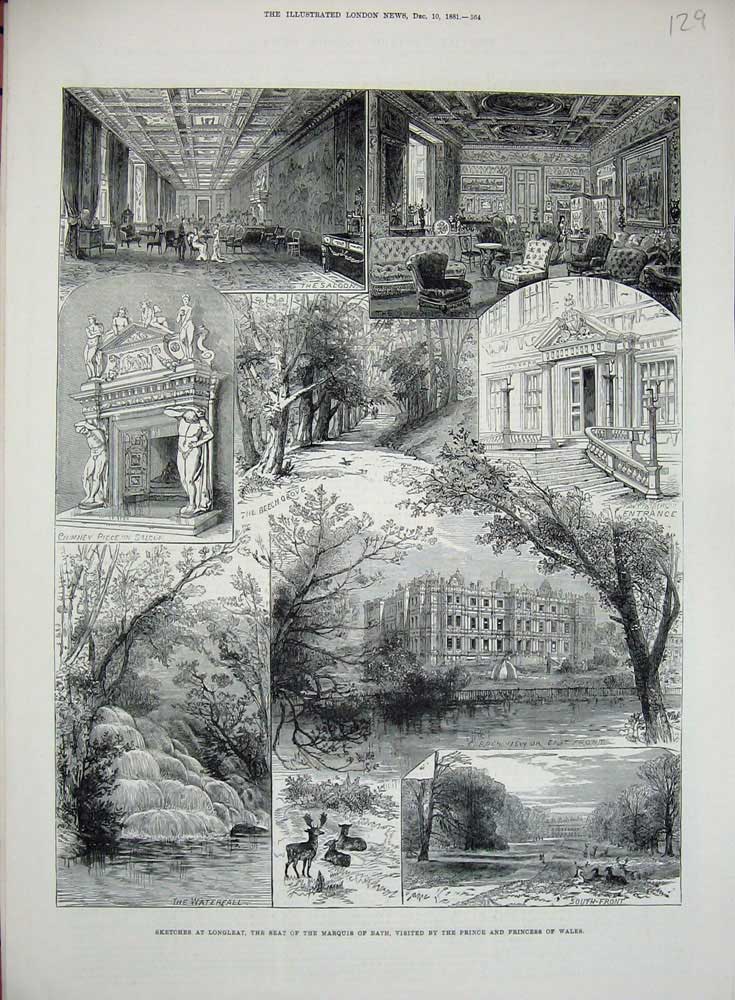 Old Antique Print 1881 Longleat Marquis Bath Chinmey Piece Saloon Garden 19th