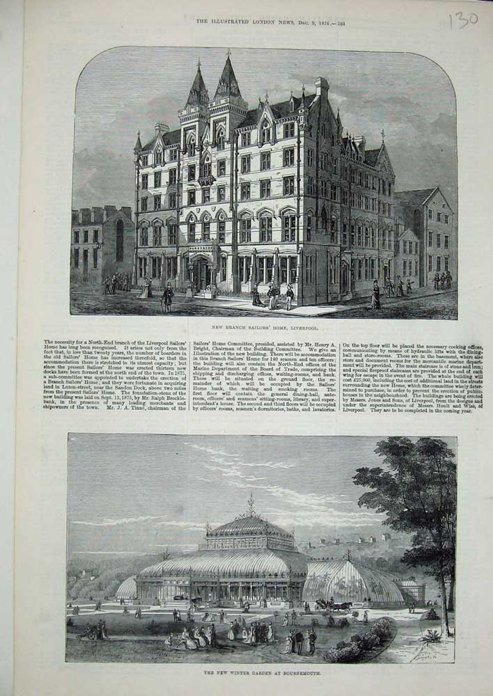Old Antique Print 1876 Sailor'S Home Liverpool Winter Garden Bournemouth 19th