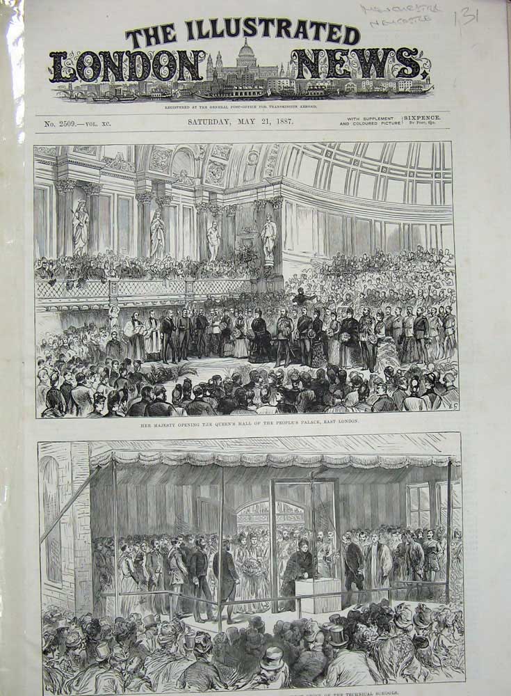 Original Old Antique Print 1887 Queen People'S Palace London Technical School