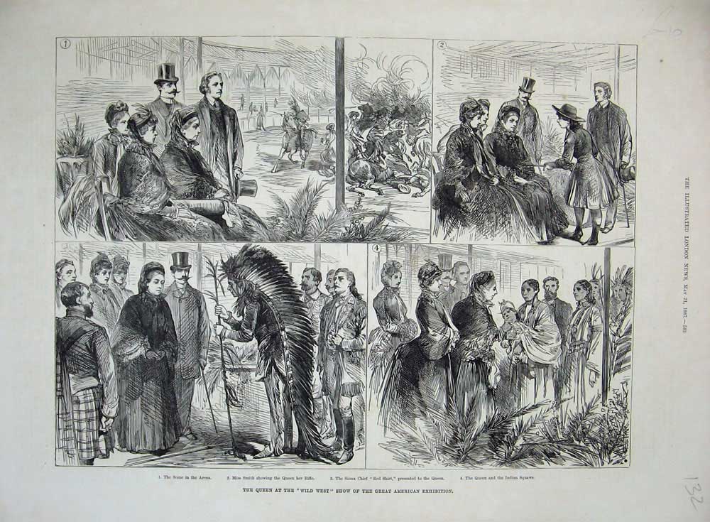 Old Antique Print 1887 Queen Show American Exhibition Sioux Chief Indians 19th