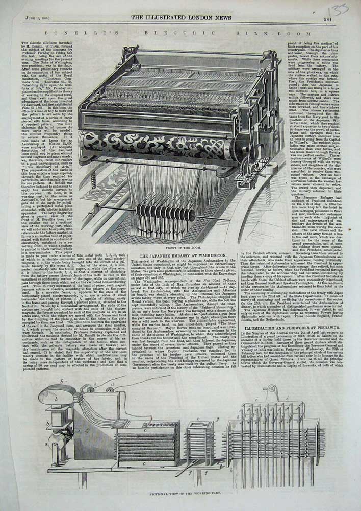Old Antique Print 1860 Bonelli'S Electric Silk Loom Machinery Manufacture 19th