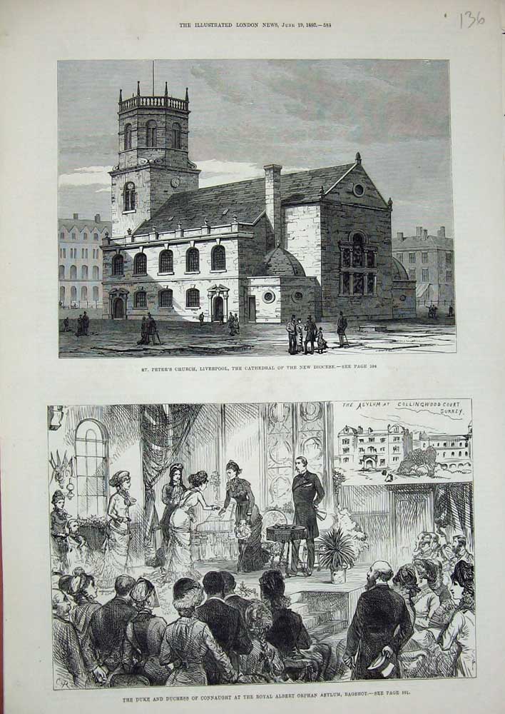 Old Antique Print Peter'S Church Liverpool 1880 Connaught Bagshot Orphan 19th