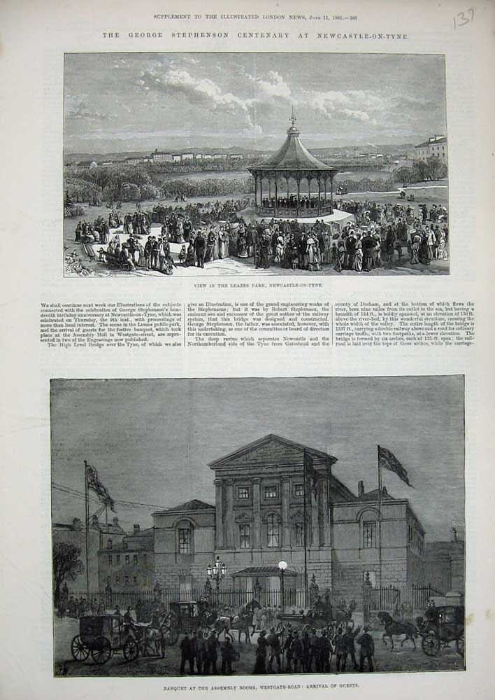 Old Antique Print 1881 Leazes Park Newcastle-On-Tyne Assembly Stephenson 19th