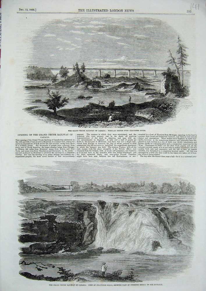 Original Old Antique Print 1856 Railway Canada Tubular Bridge Chaudiere River