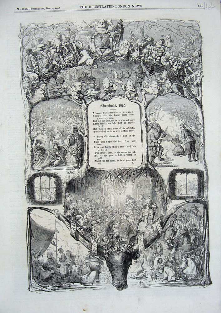 Original Old Antique Print 1860 Christmas Poem Children Caricature Victorian