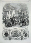 Old Antique Print Christmas Holidays 1860 Family Home Carriage Children 19th