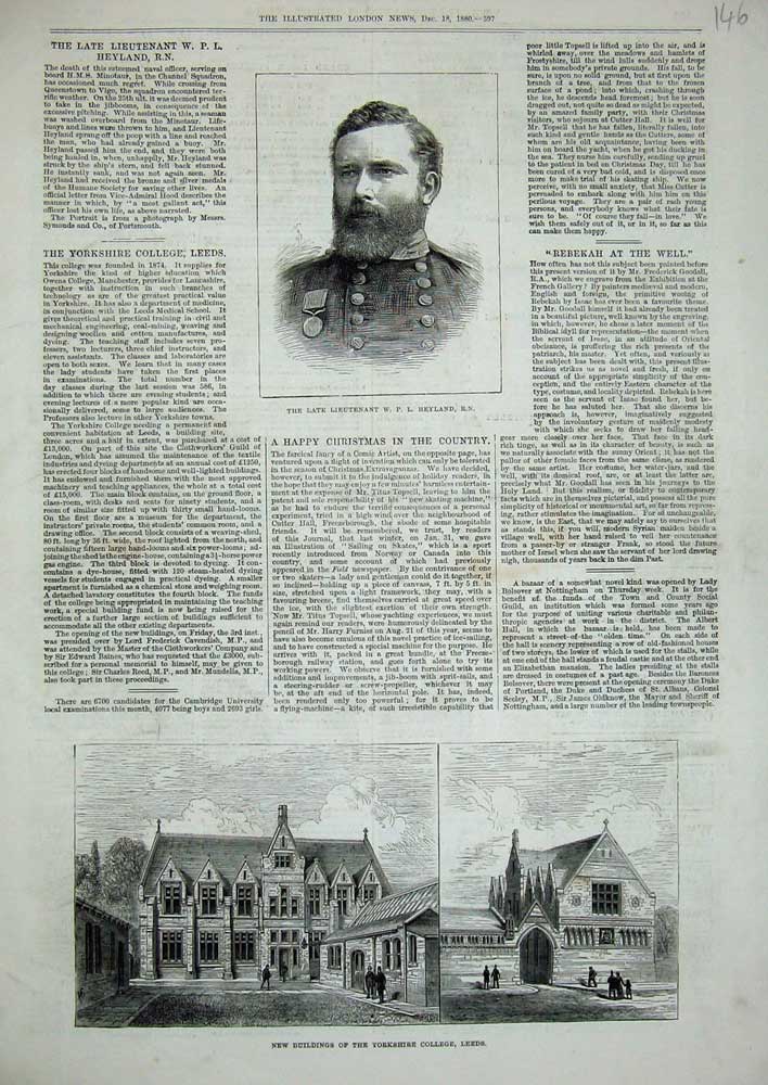 Original Old Antique Print 1880 Buildings Yorkshire College Leeds Heyland Sier
