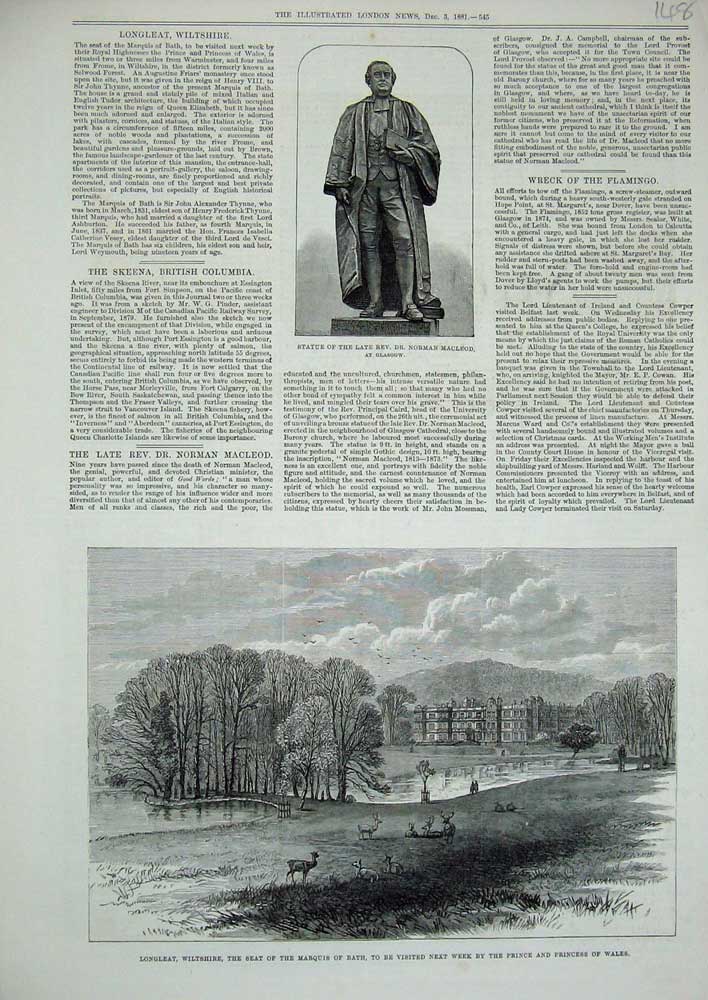Original Old Antique Print 1881 Longleat Wiltshire Marquis Bath Statue Macleod