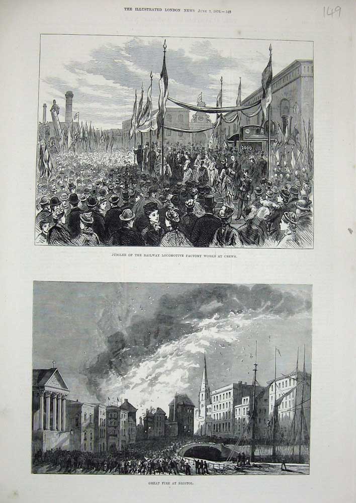 Original Old Antique Print 1876 Railway Locomotive Train Factory Crewe Bristol
