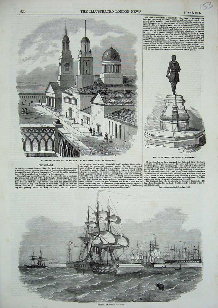 Old Antique Print 1854 Cathedral Church Cronstadt Statue Peter Great Ship 19th