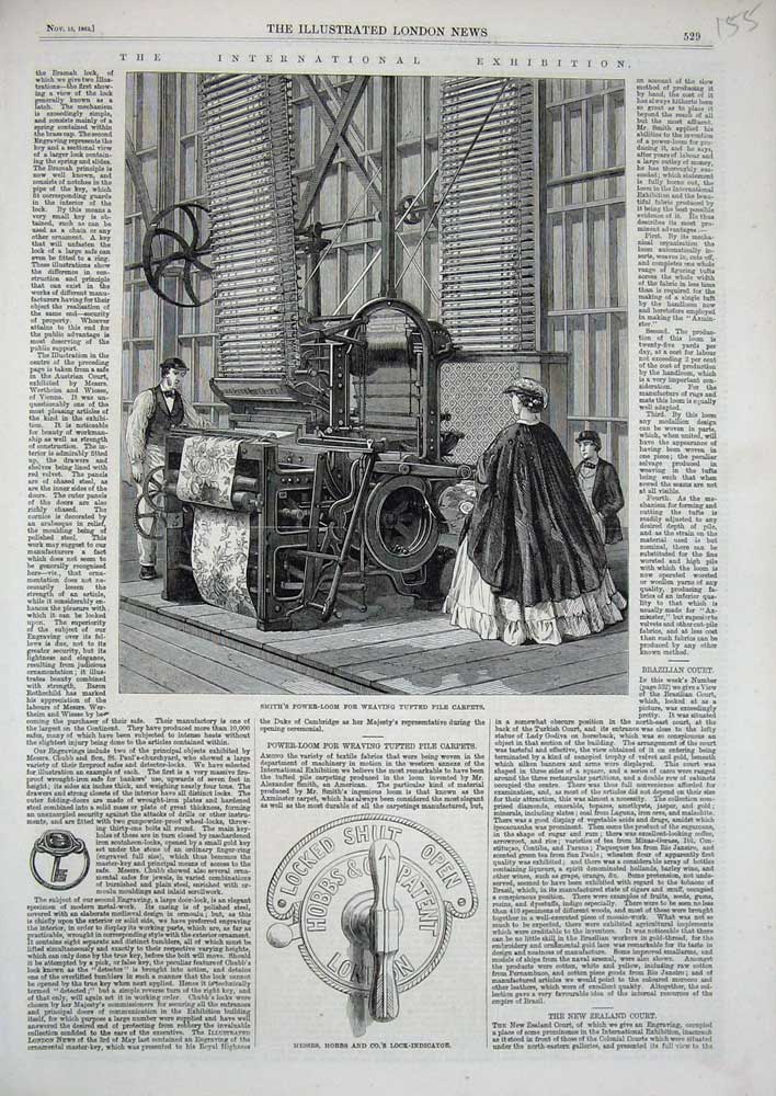 Original Old Antique Print 1862 Hobbs Lock Indicator Smith Power-Loom Carpets