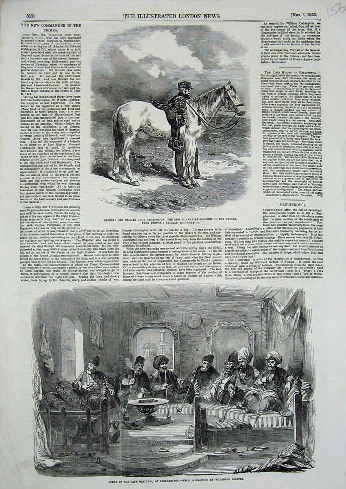 Original Old Antique Print 1855 CafÇ Simpheropol William Codrington Crimea War
