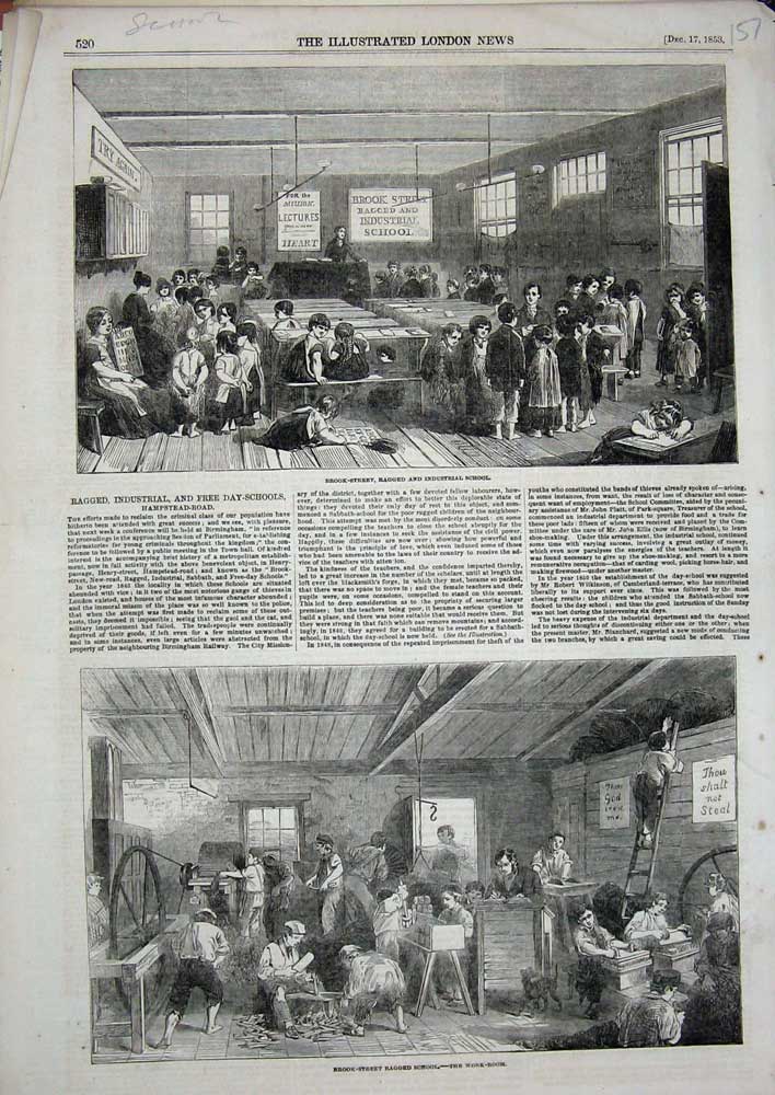 Original Old Antique Print 1853 Brook Street Ragged Industrial School Children