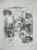 Old Antique Print 1891 Rye Winchelsea Church Tower Castle Street Houses 19th