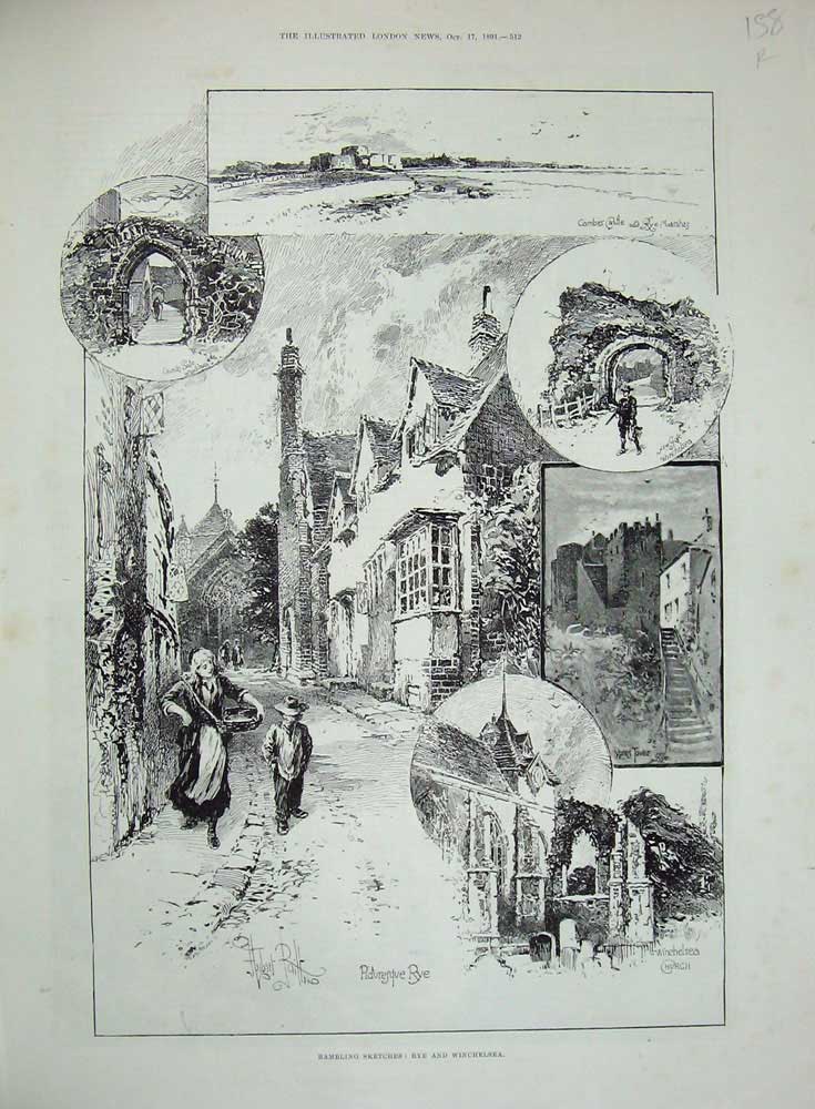 Old Antique Print 1891 Rye Winchelsea Church Tower Castle Street Houses 19th