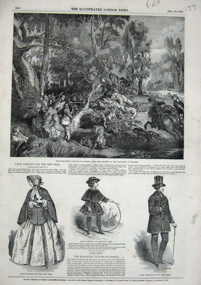 Old Antique Print 1850 Boar Hunting Sport Rubens Paris Fashion Women Men 19th