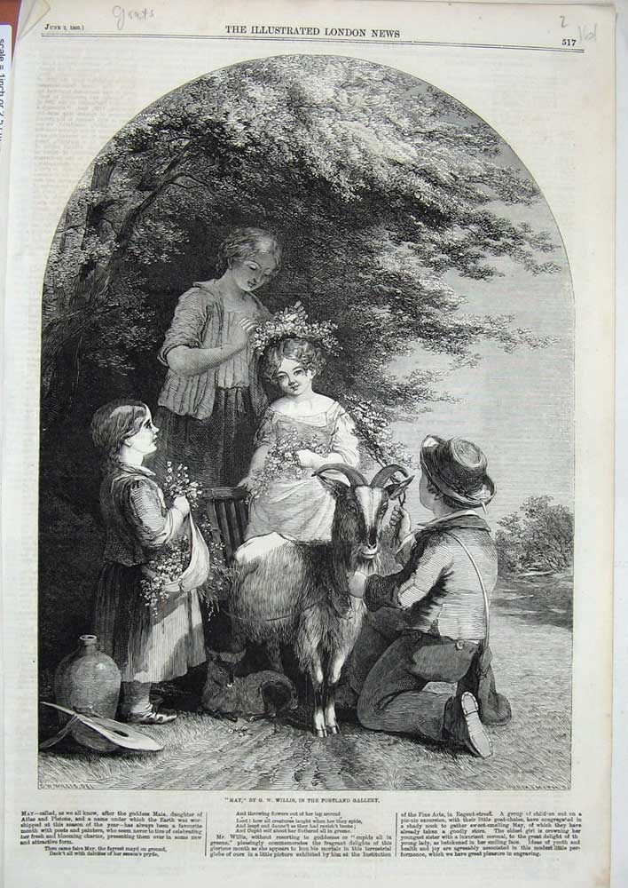 Old Antique Print 1860 Portland Gallery Art Children Country Goat Flowers 19th