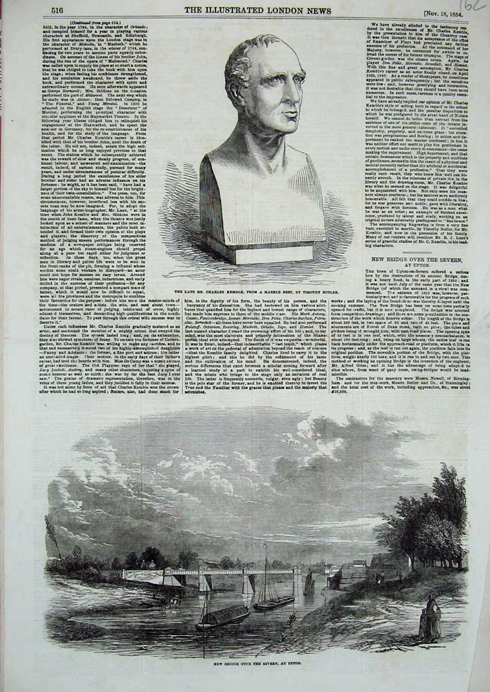 Original Old Antique Print 1854 Marble Bust Charles Kemble Bridge Severn Upton