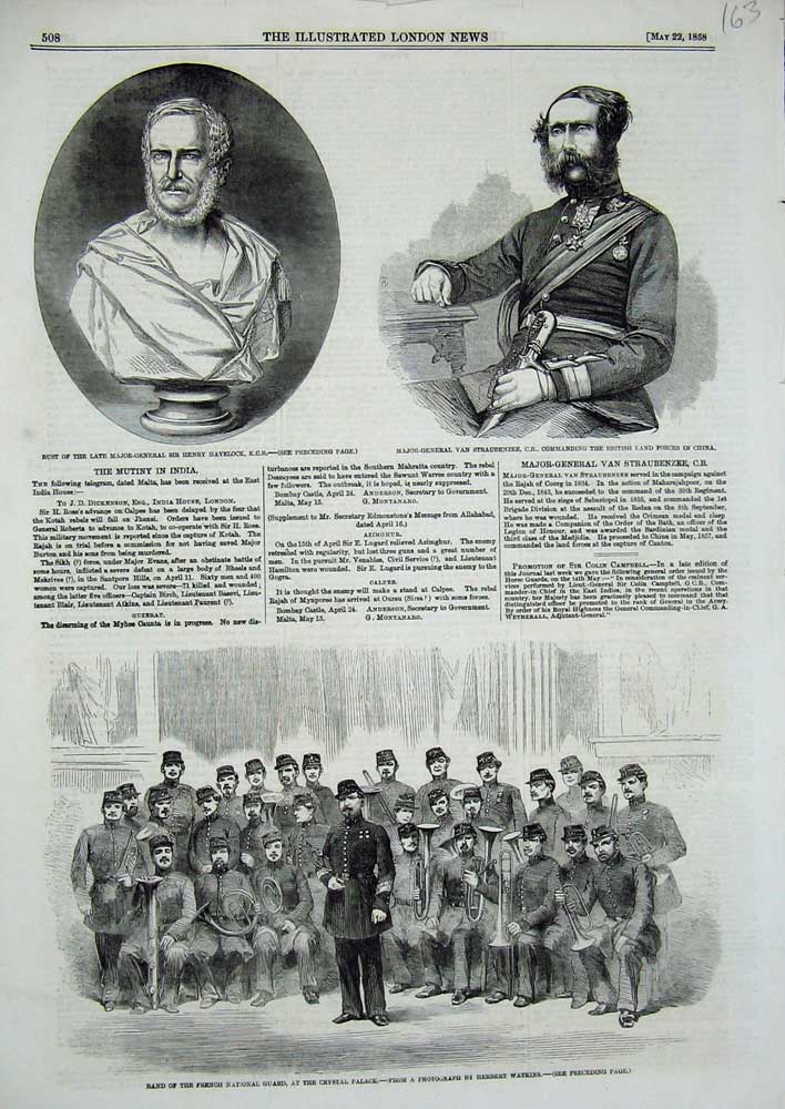 Old Antique Print 1858 French Guard Crystal Palace Havelock Straubenzee 19th