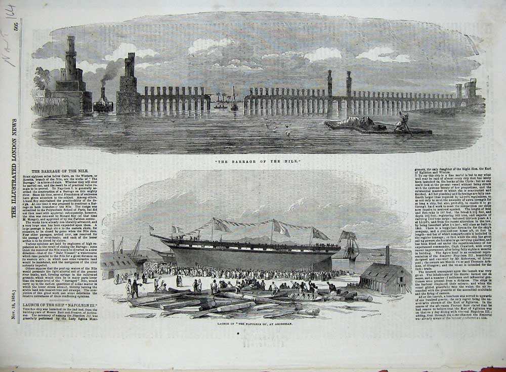 Old Antique Print 1854 Barrage River Nile Launch Napoleon Ardrossan Ship 19th