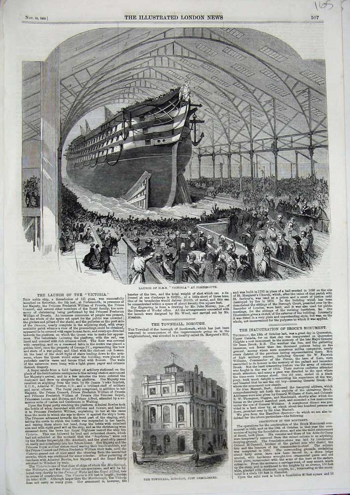 Old Antique Print 1859 Launch Ship Victoria Portsmouth Townhall Borough 19th