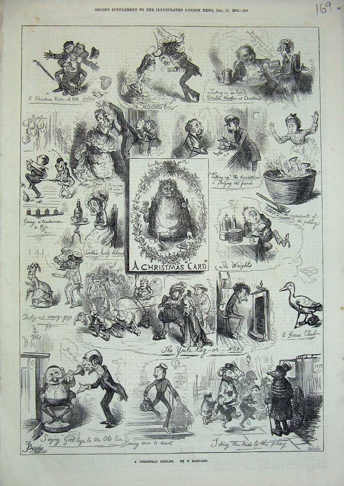 Original Old Antique Print 1872 Barnard Christmas Medley Yule-Log Mistletoe