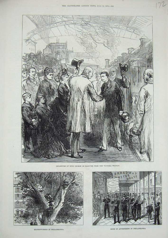Old Antique Print 1876 King George Hanover Victoria Station Philadelphia 19th