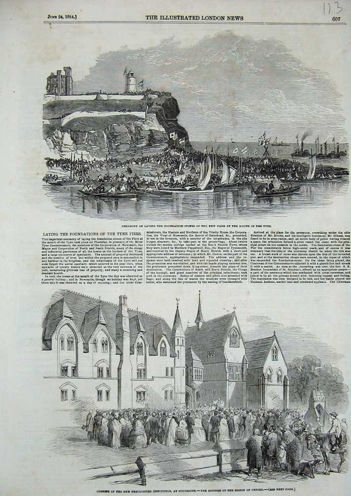 Original Old Antique Print 1854 Theological Cuddesden Bishop Oxford Pier Tyne