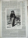 Old Antique Print 1857 Christmas Young Boy Hat Scarf Winter Holly Basket 19th