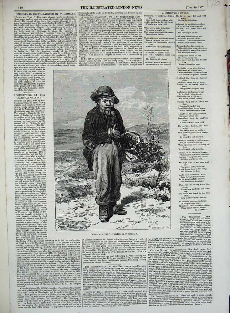 Old Antique Print 1857 Christmas Young Boy Hat Scarf Winter Holly Basket 19th