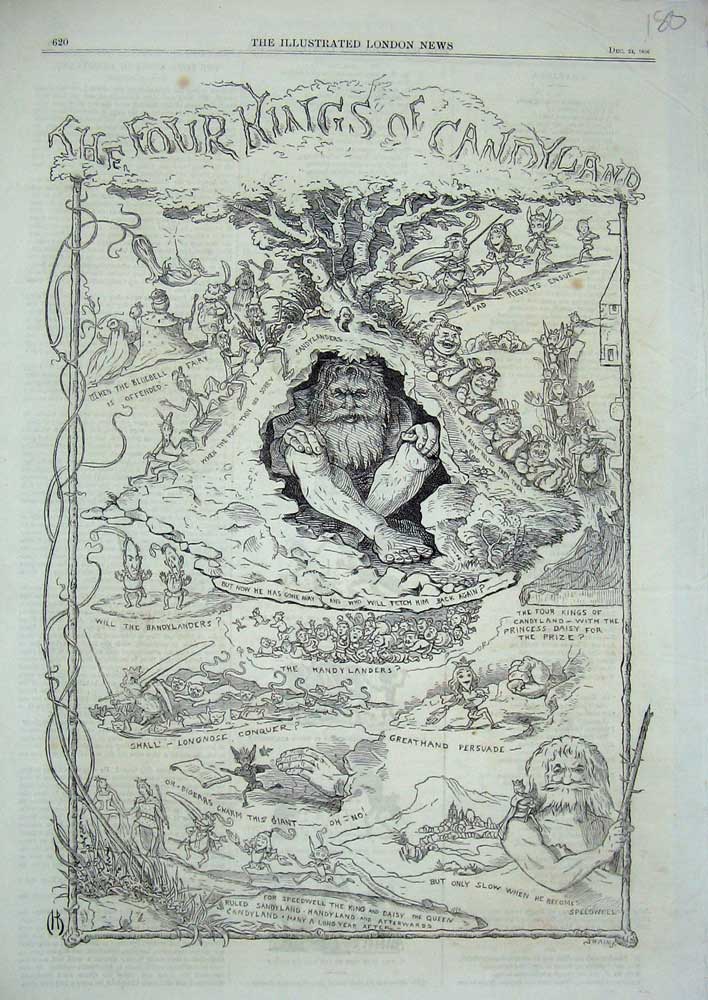 Original Old Antique Print 1866 Sketches Four Kings Candyland Caricature 19th