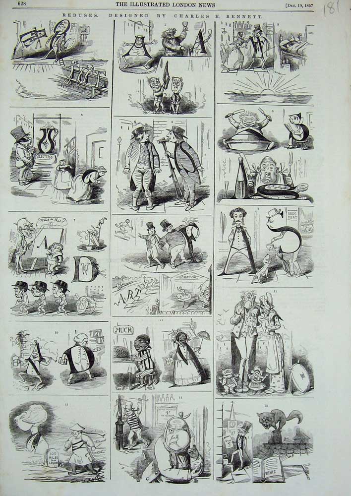Original Old Antique Print 1857 Rebuses Charles Bennet Comedy Caricature 19th