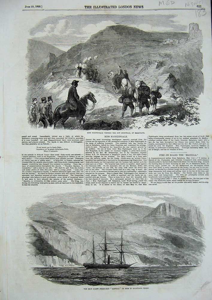 Old Antique Print 1855 Fire Ship Manilla Balaclava Nightingale Hospital 19th